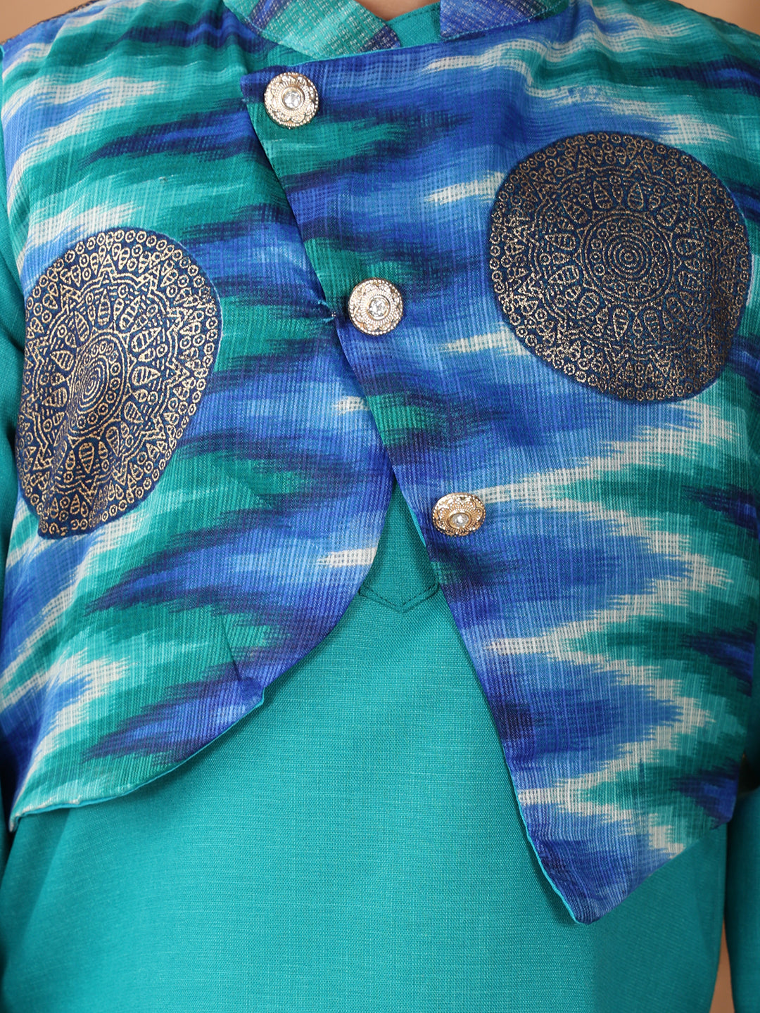 Green Plain Kurta with Blue Foil Kota printed jacket and pajama