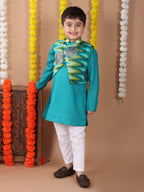 Green Plain Kurta with Green Foil Kota printed jacket and pajama