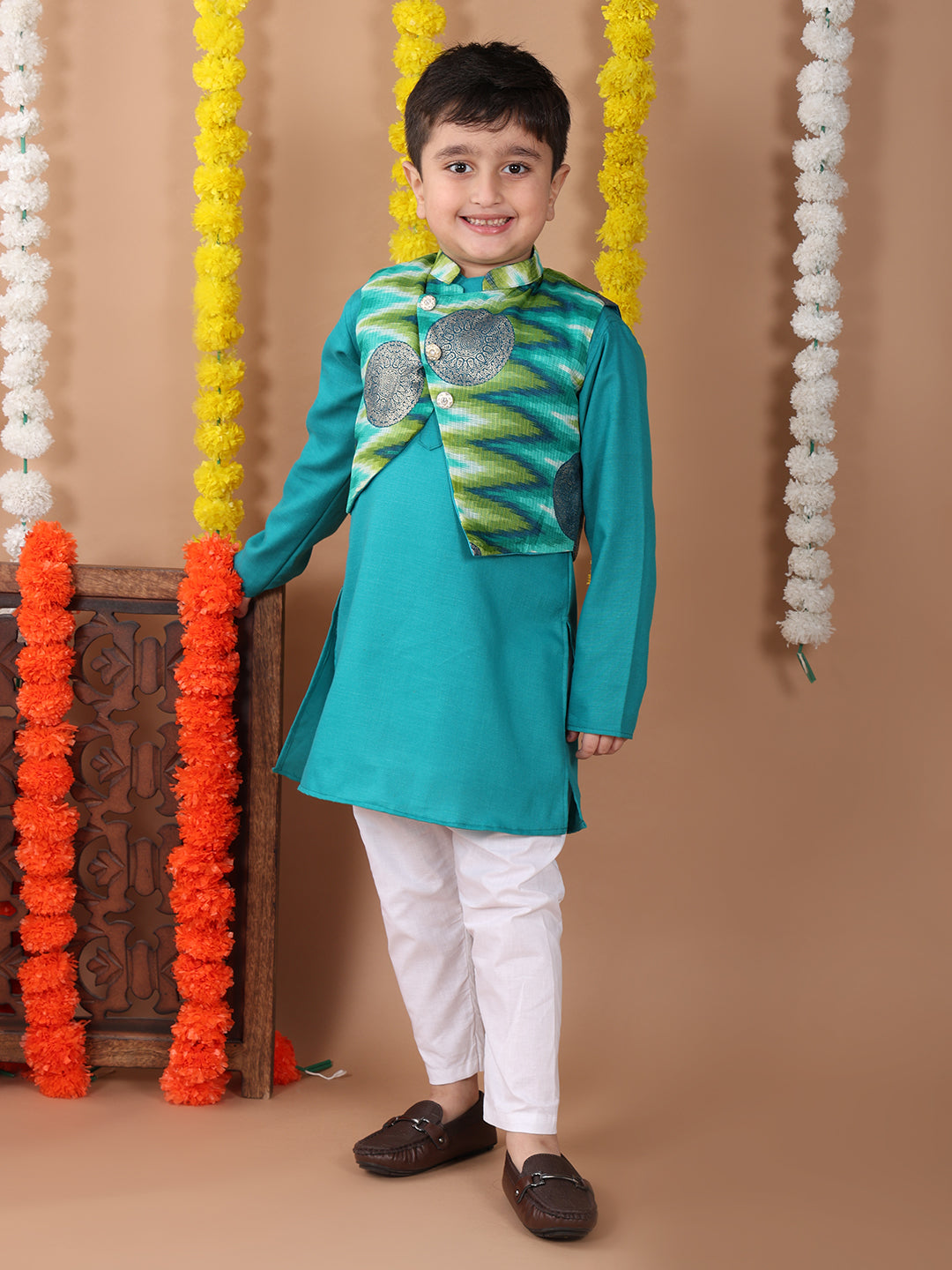 Green Plain Kurta with Green Foil Kota printed jacket and pajama