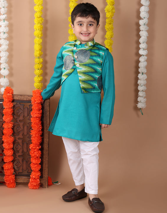 Green Plain Kurta with Green Foil Kota printed jacket and pajama