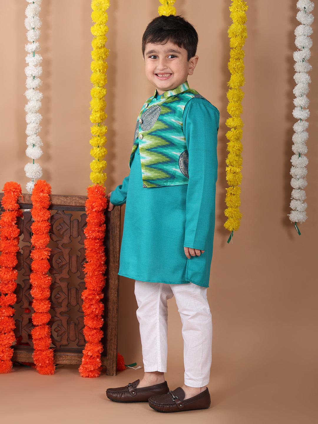 Green Plain Kurta with Green Foil Kota printed jacket and pajama