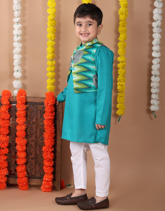 Green Plain Kurta with Green Foil Kota printed jacket and pajama