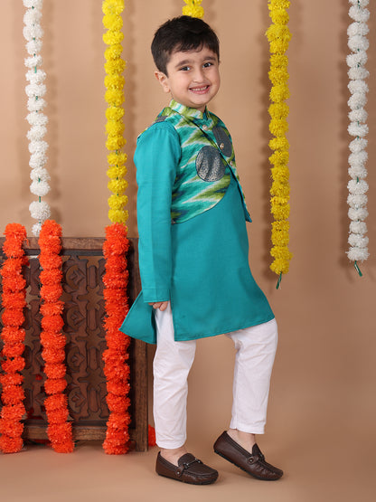 Green Plain Kurta with Green Foil Kota printed jacket and pajama