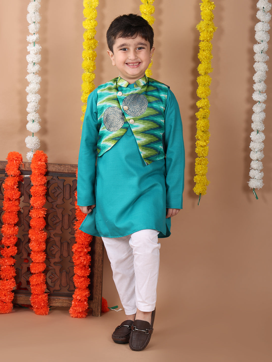 Green Plain Kurta with Green Foil Kota printed jacket and pajama