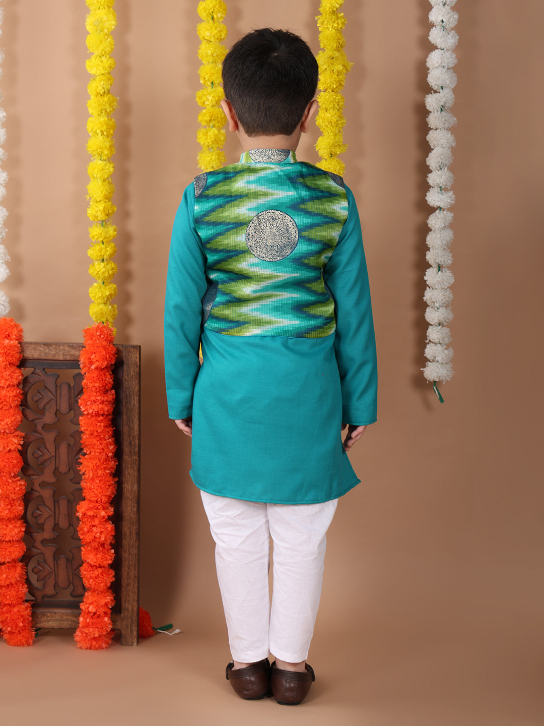 Green Plain Kurta with Green Foil Kota printed jacket and pajama