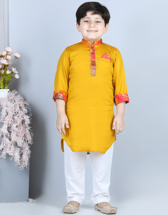 Yellow and Pink Patch work Kurta Set