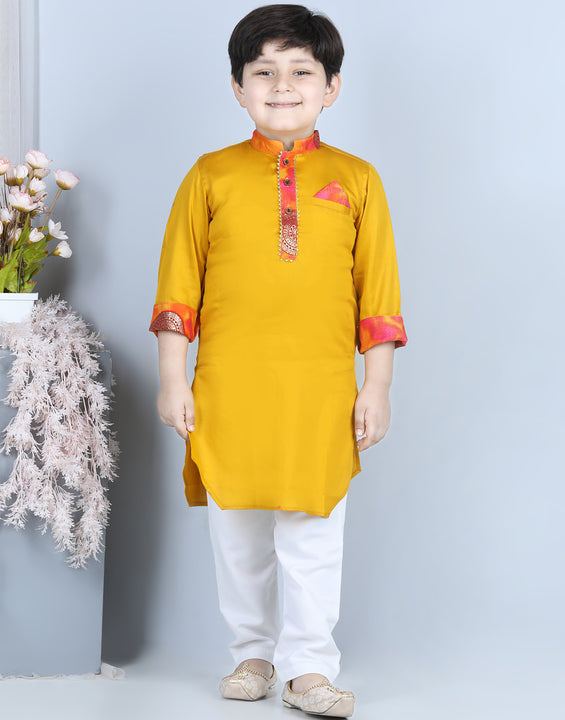 Yellow and Pink Patch work Kurta Set