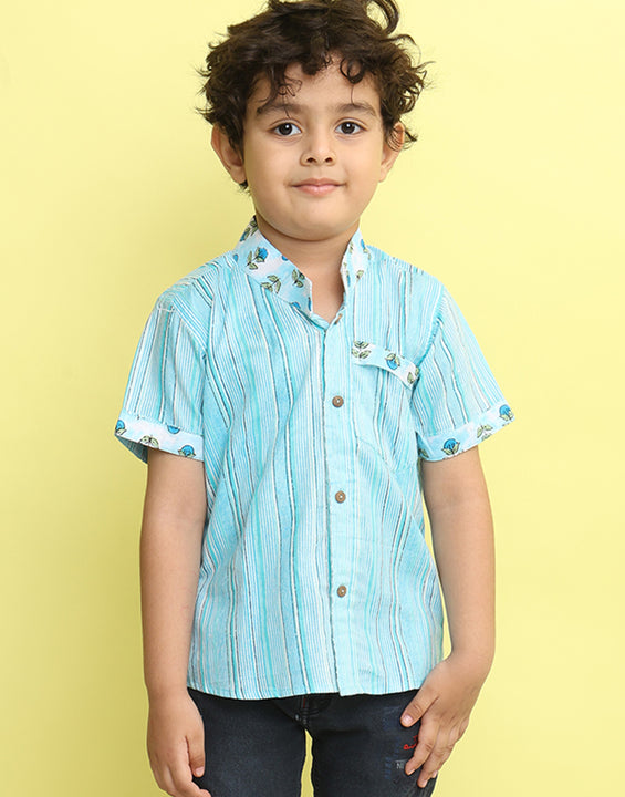 Blue Cotton Stripped Printed Shirt
