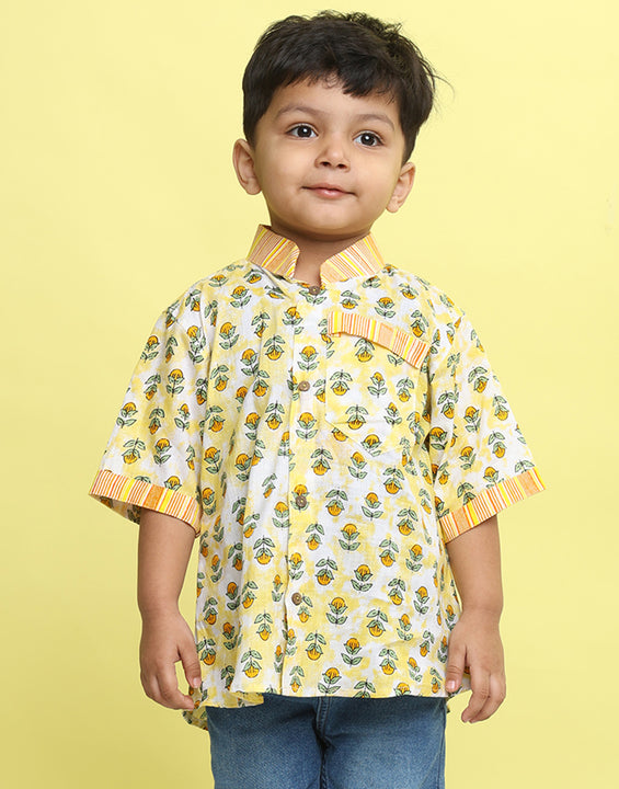 Yellow Cotton Floral Printed Shirt