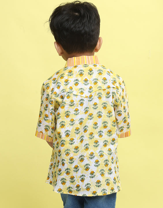 Yellow Cotton Floral Printed Shirt