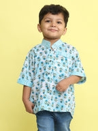 Blue Cotton Floral Printed Shirt