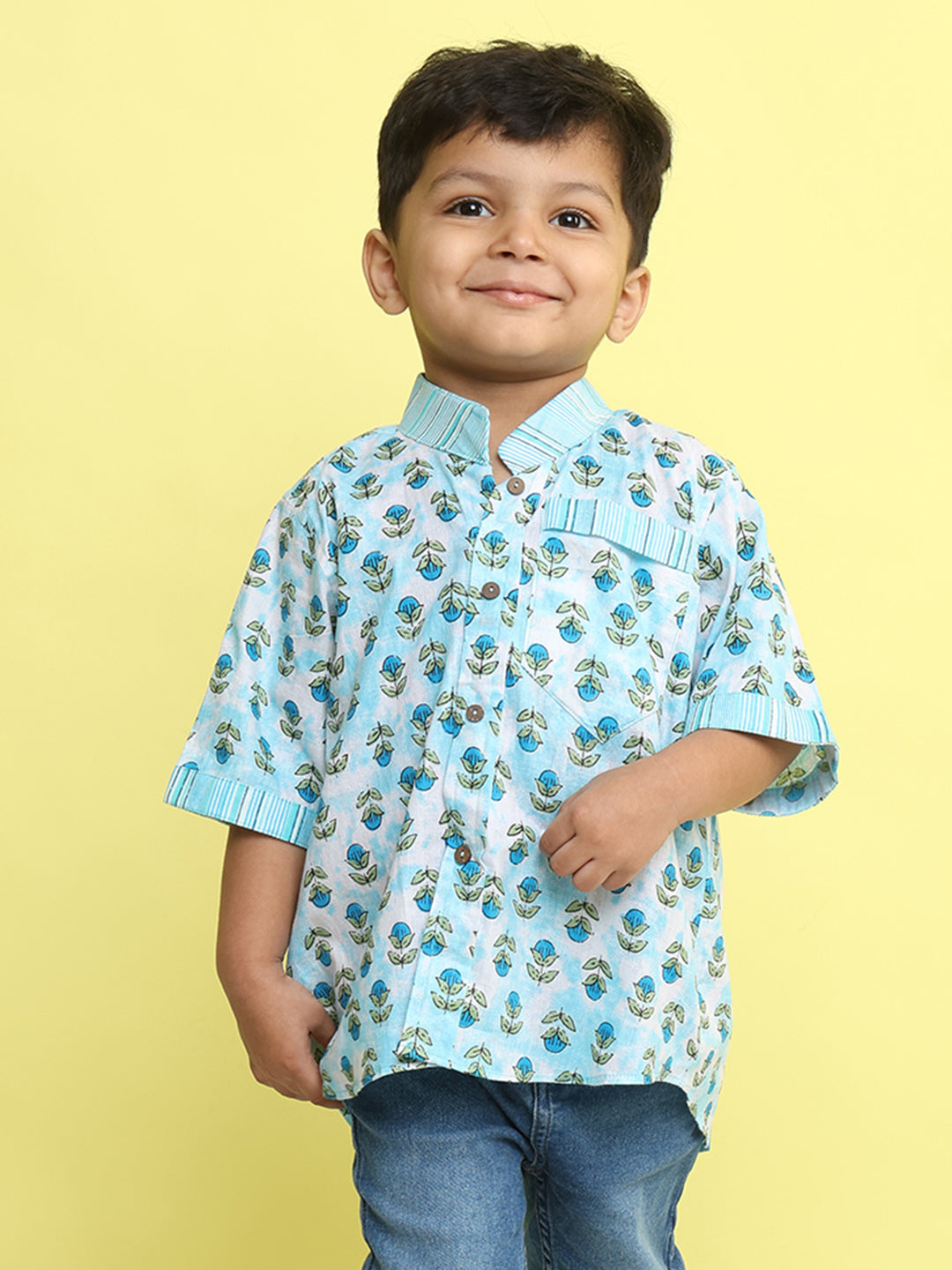 Blue Cotton Floral Printed Shirt