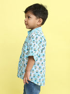 Blue Cotton Floral Printed Shirt