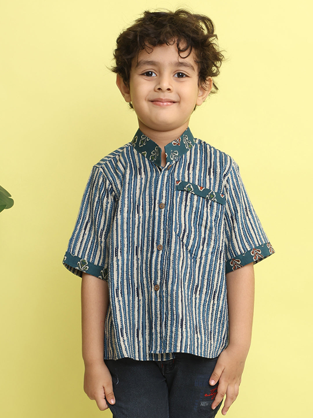 Blue Stripped Printed Shirt with floral patch