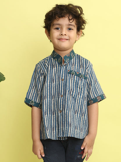 Blue Stripped Printed Shirt with floral patch
