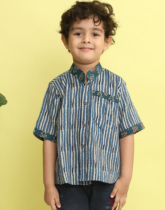 Blue Stripped Printed Shirt with floral patch