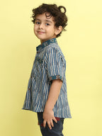 Blue Stripped Printed Shirt with floral patch