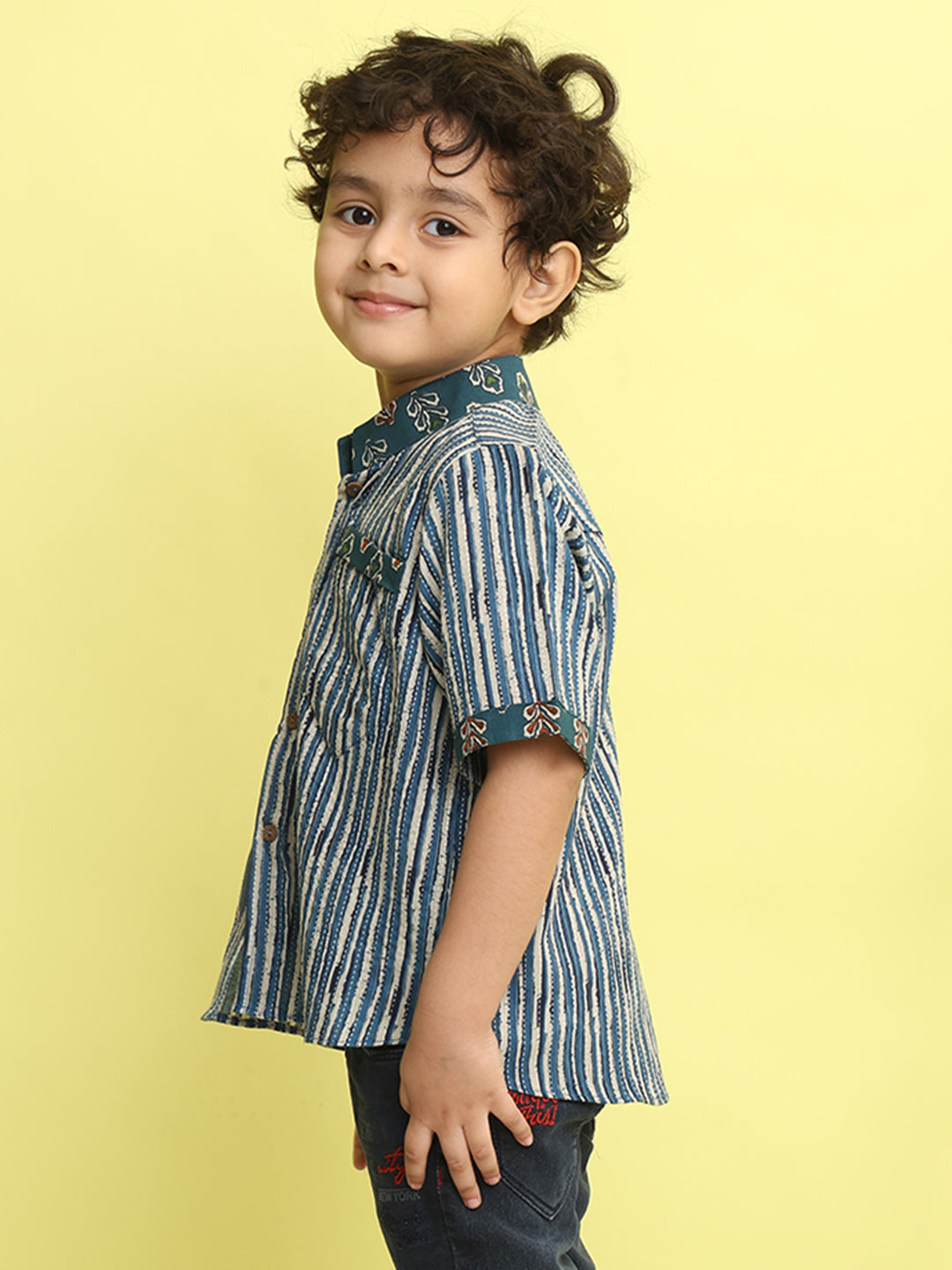 Blue Stripped Printed Shirt with floral patch