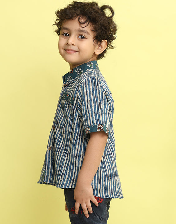 Blue Stripped Printed Shirt with floral patch