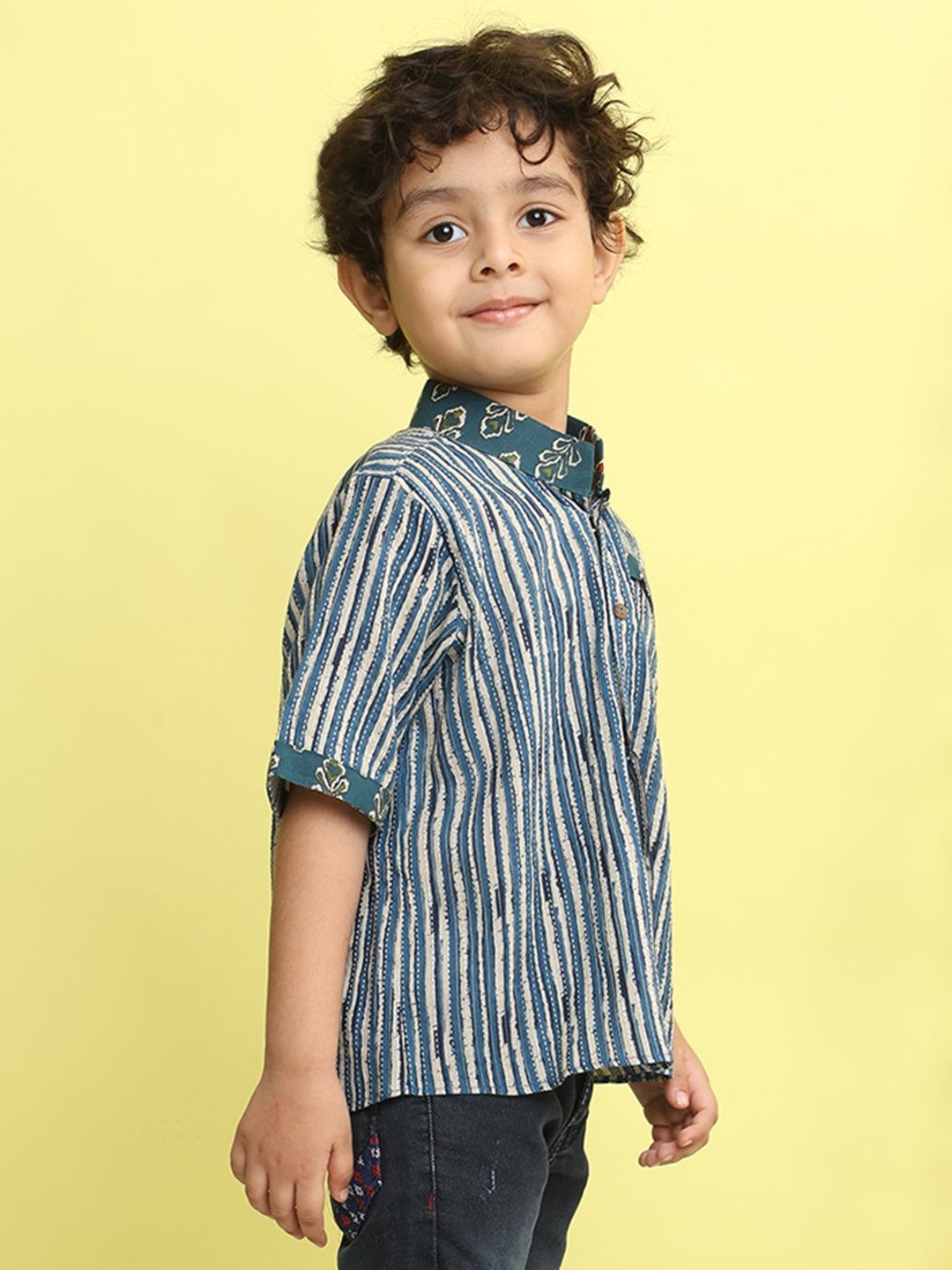 Blue Stripped Printed Shirt with floral patch