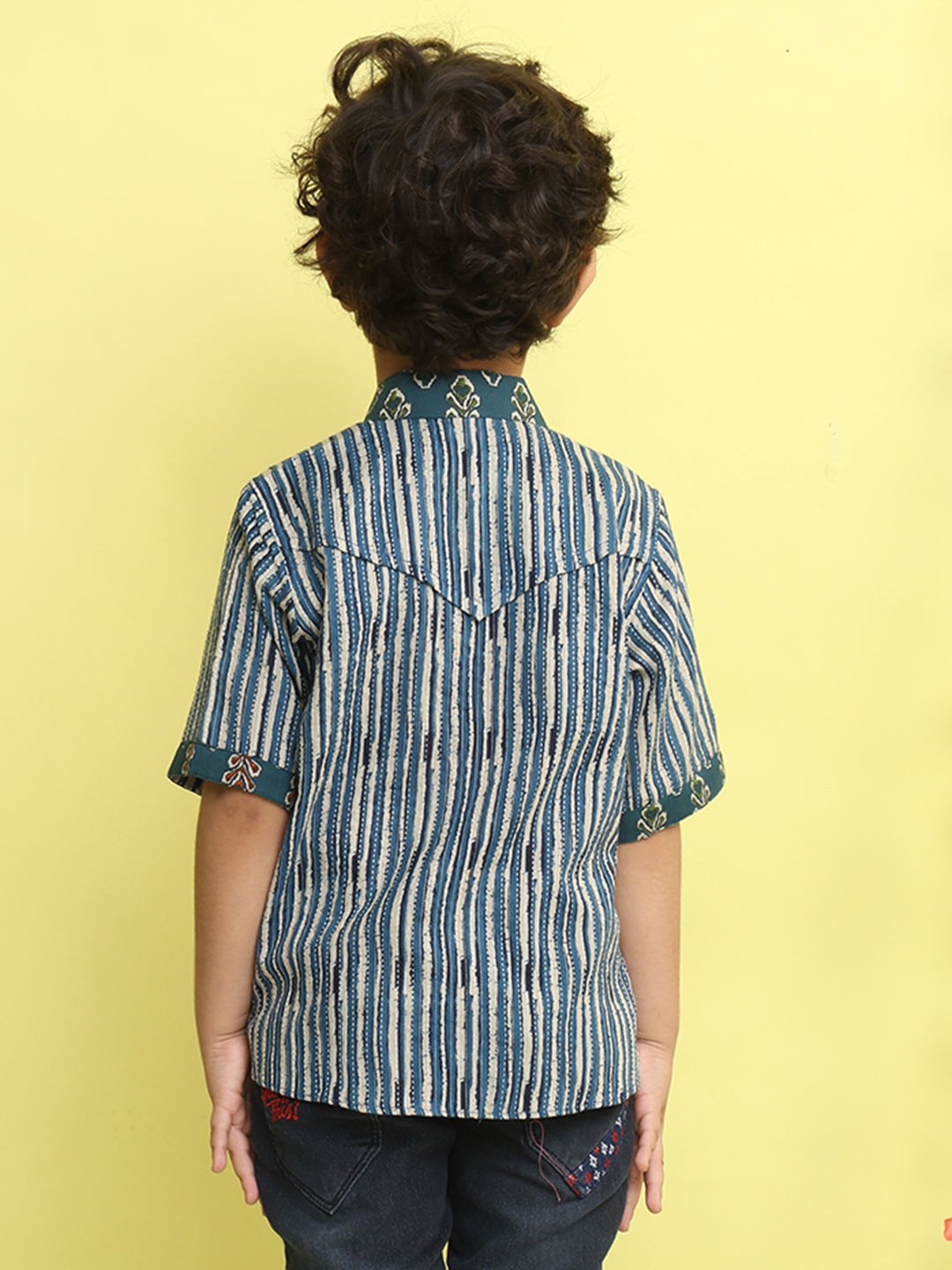 Blue Stripped Printed Shirt with floral patch
