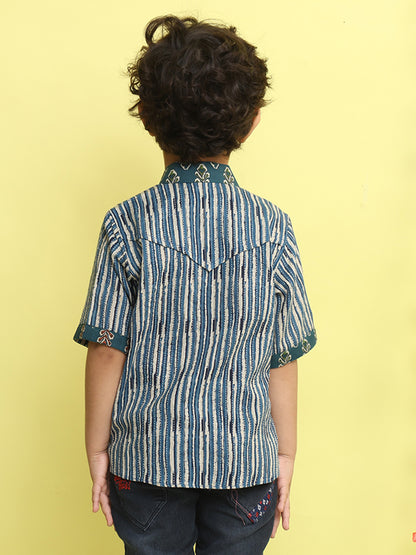 Blue Stripped Printed Shirt with floral patch
