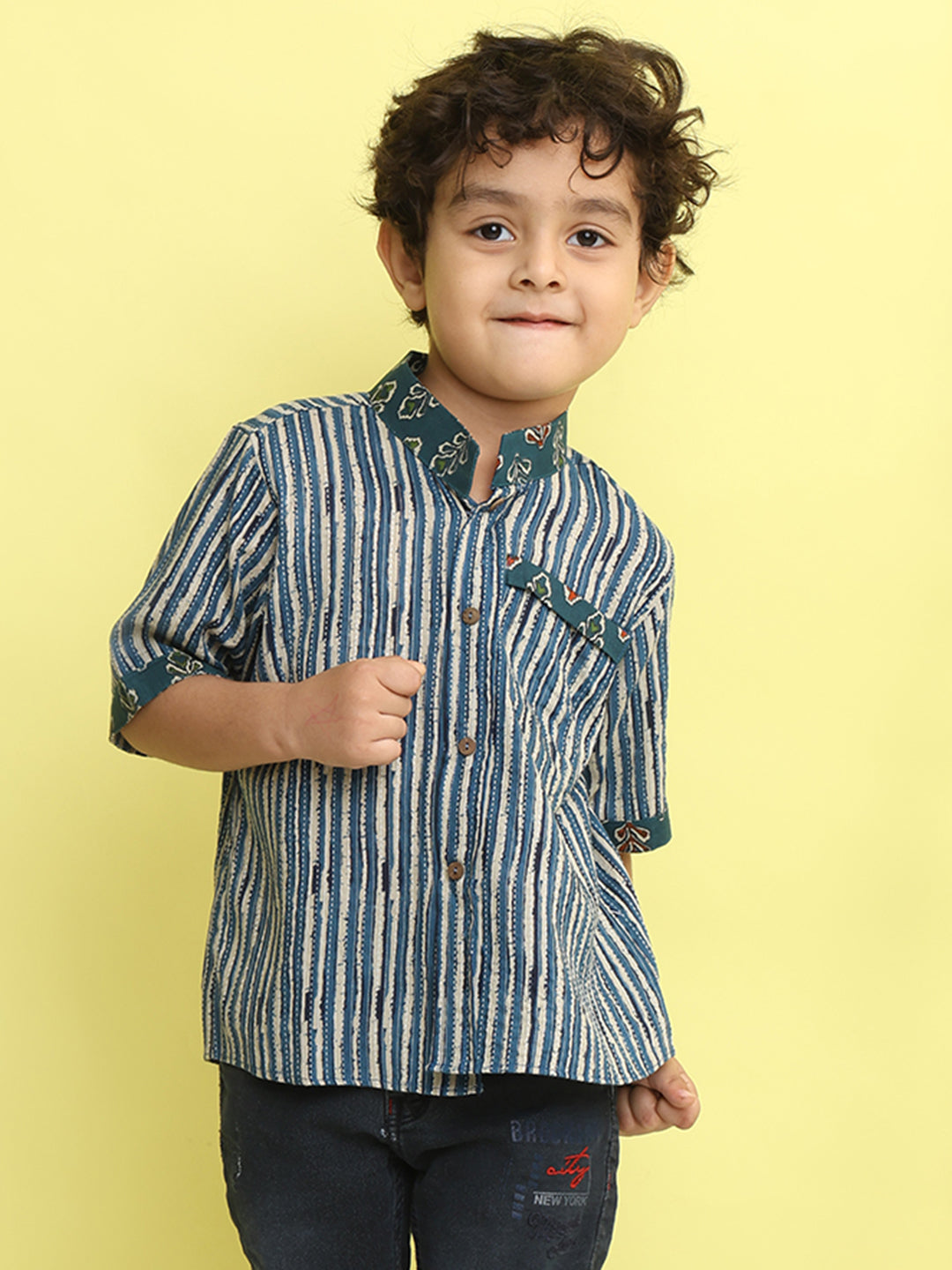 Blue Stripped Printed Shirt with floral patch