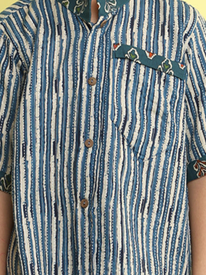 Blue Stripped Printed Shirt with floral patch
