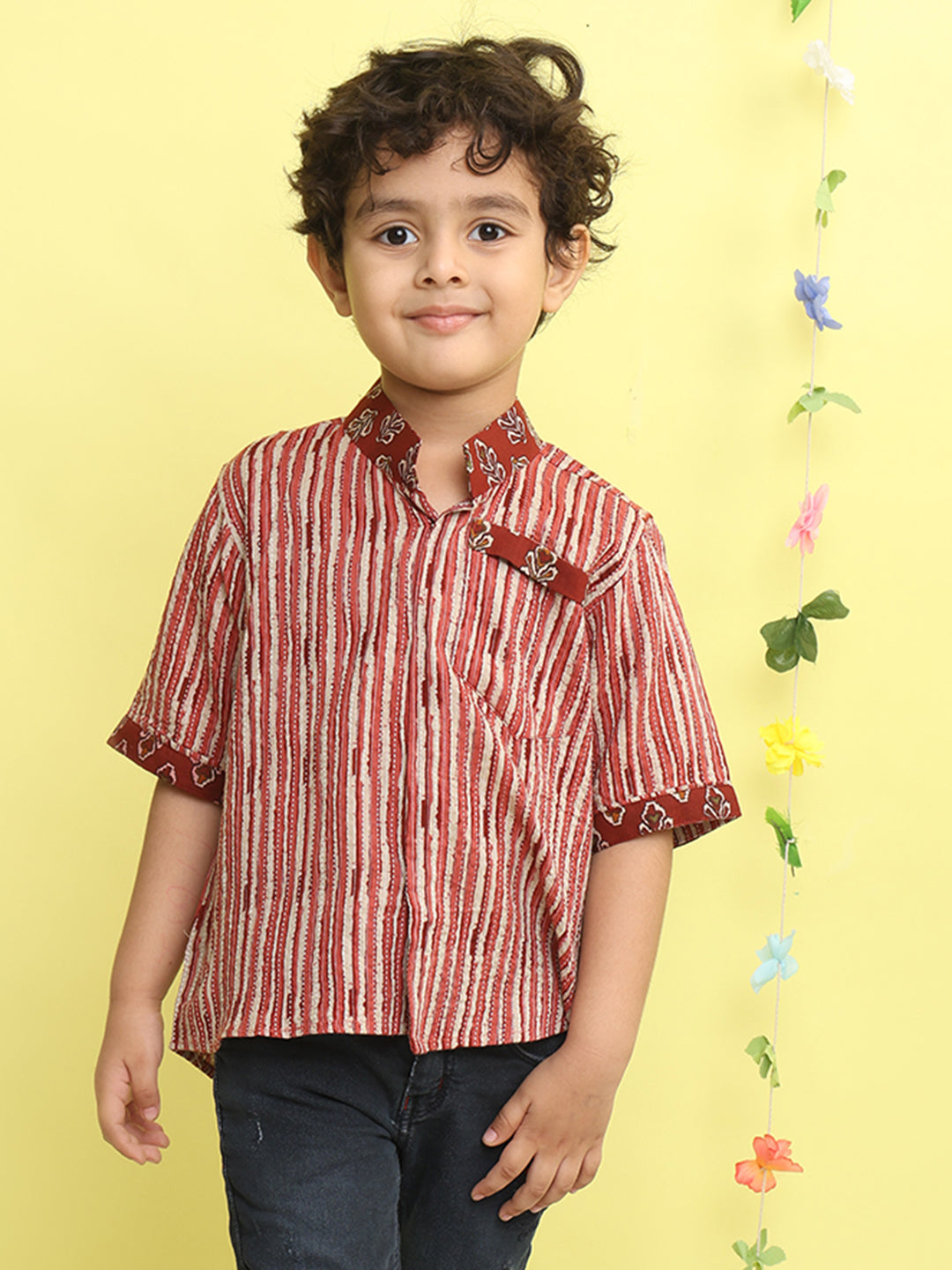 Maroon Stripped Printed Shirt with floral patch
