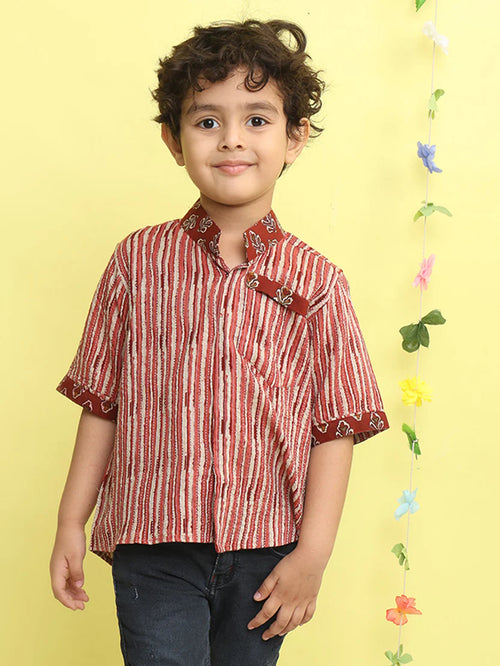 Maroon Stripped Printed Shirt with floral patch