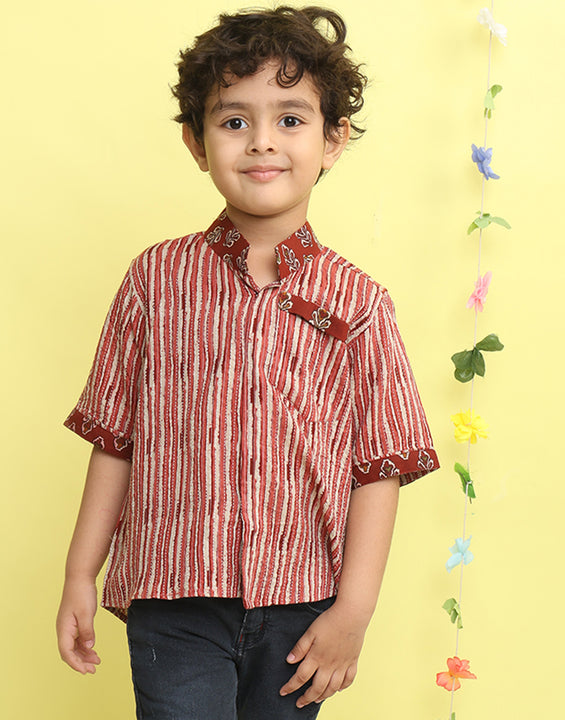 Maroon Stripped Printed Shirt with floral patch