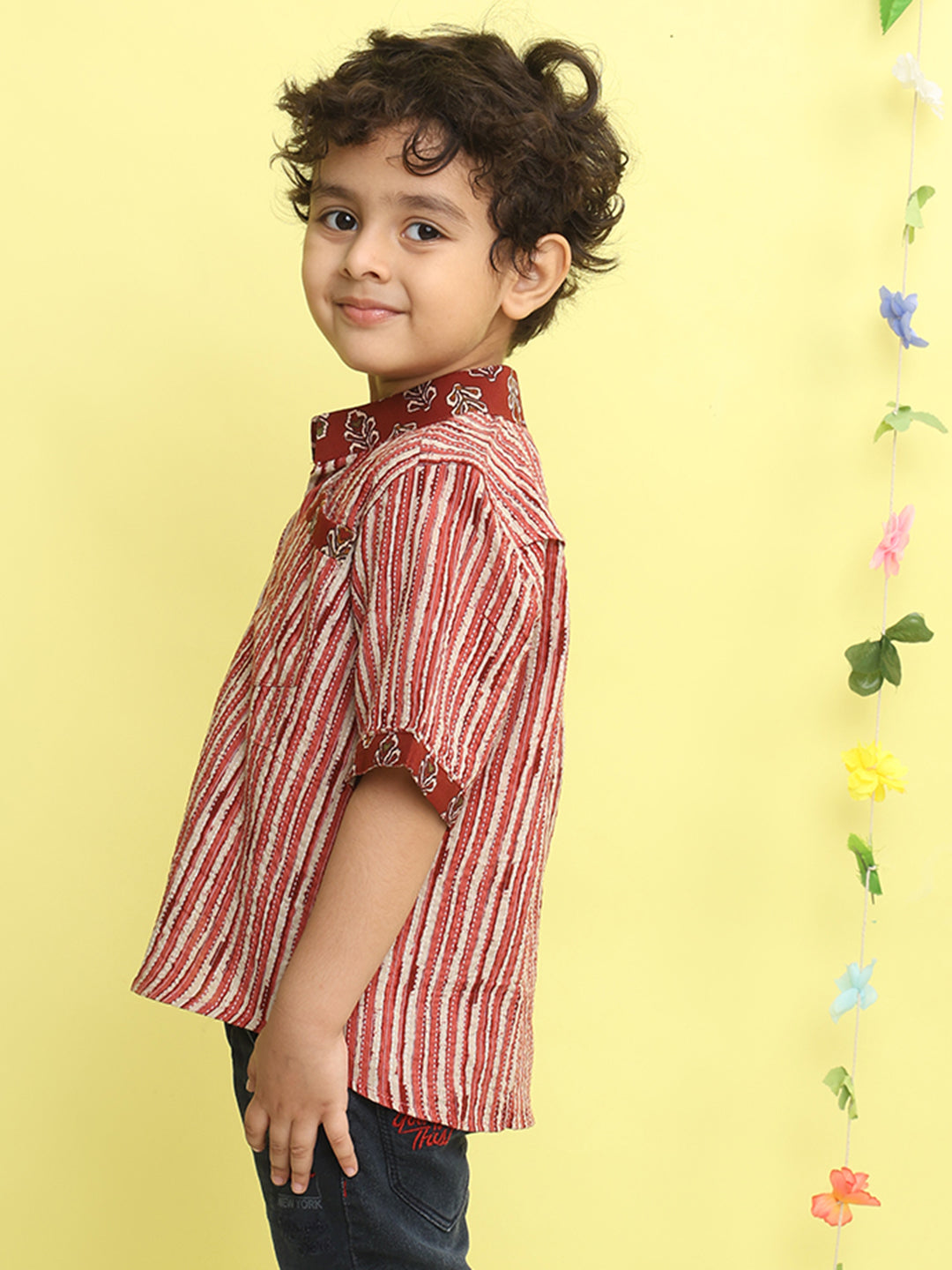 Maroon Stripped Printed Shirt with floral patch