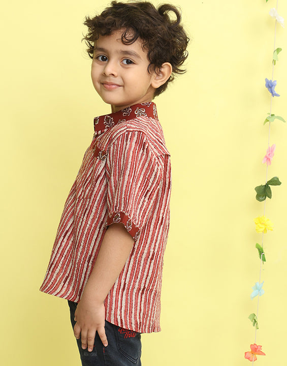 Maroon Stripped Printed Shirt with floral patch