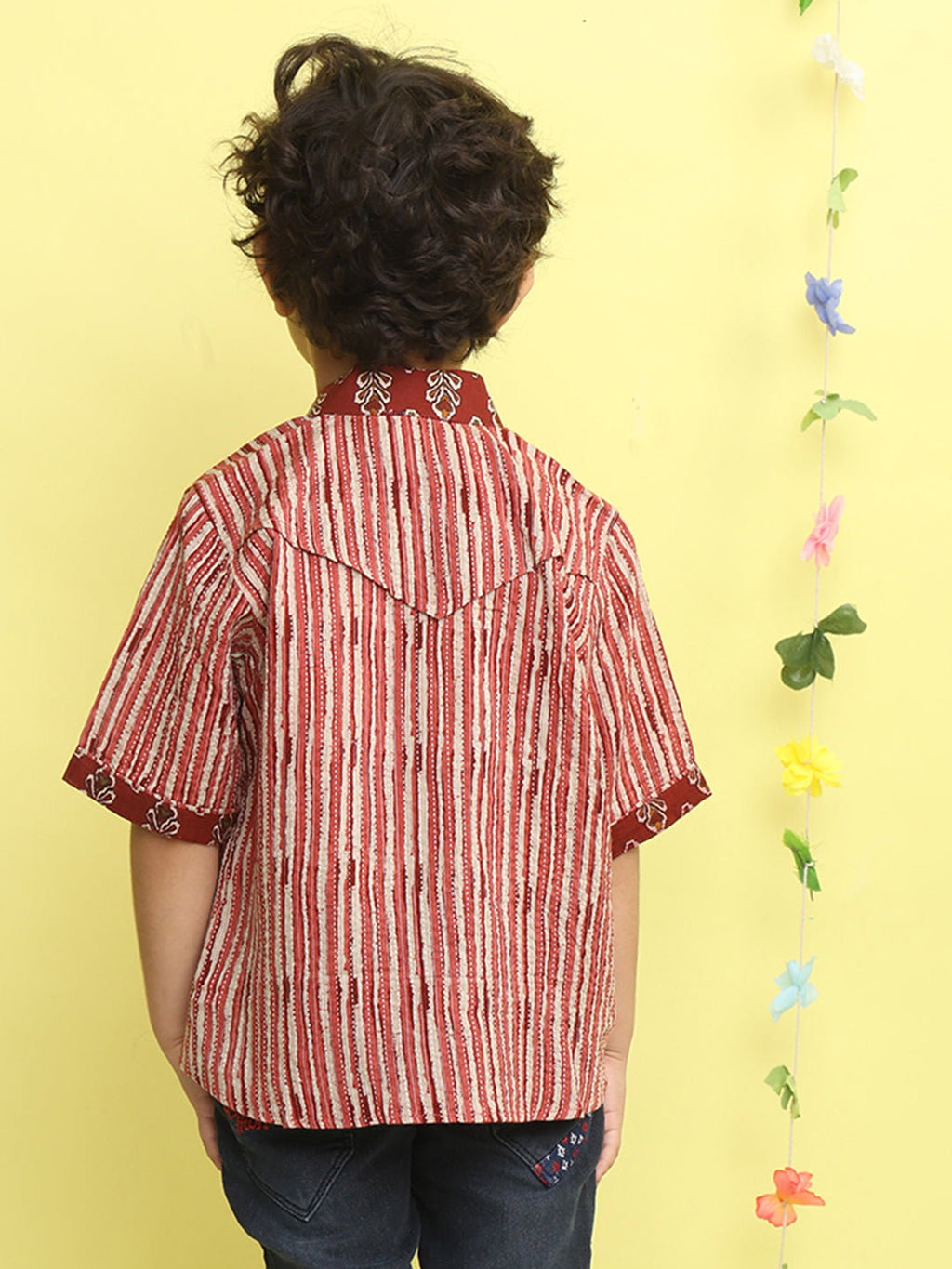 Maroon Stripped Printed Shirt with floral patch