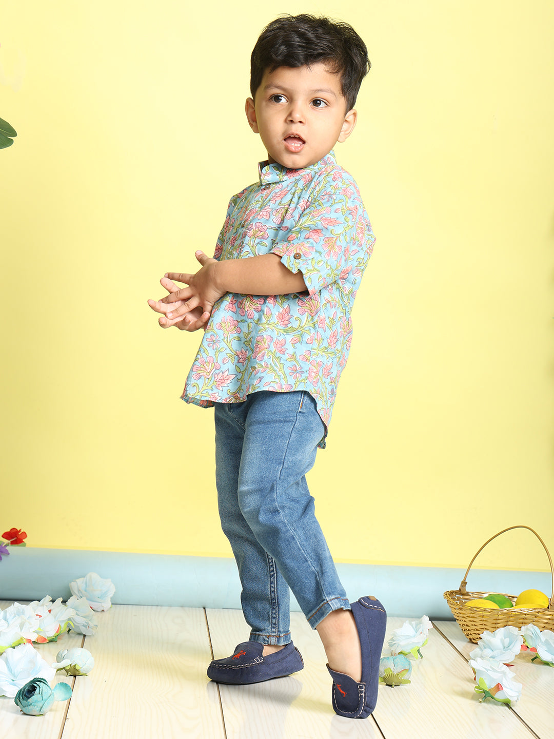Blue and Pink Floral Printed Shirt