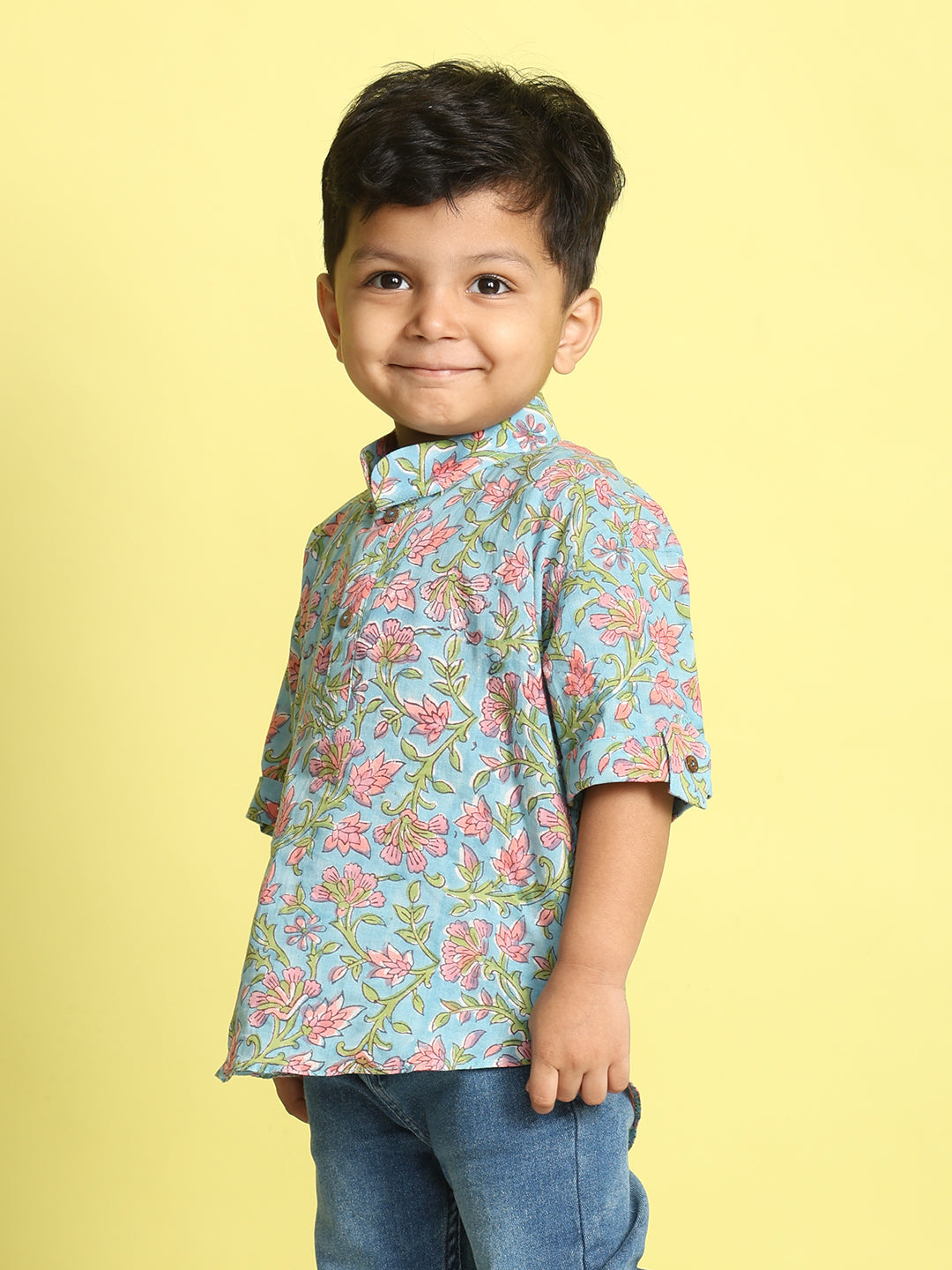 Blue and Pink Floral Printed Shirt