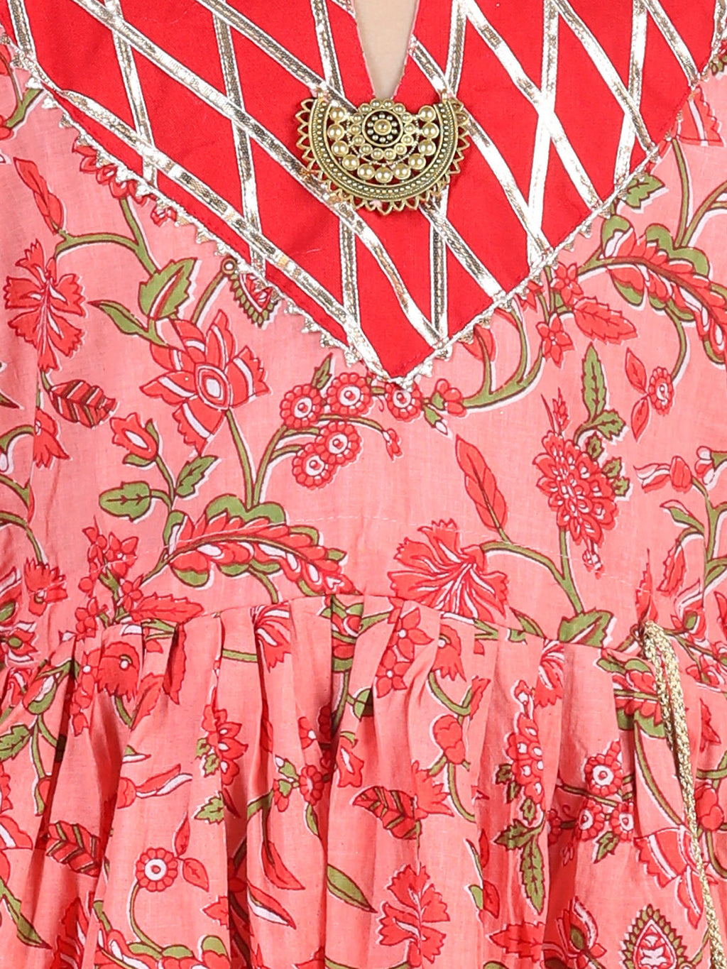 Peach & Red Cotton Printed Dress