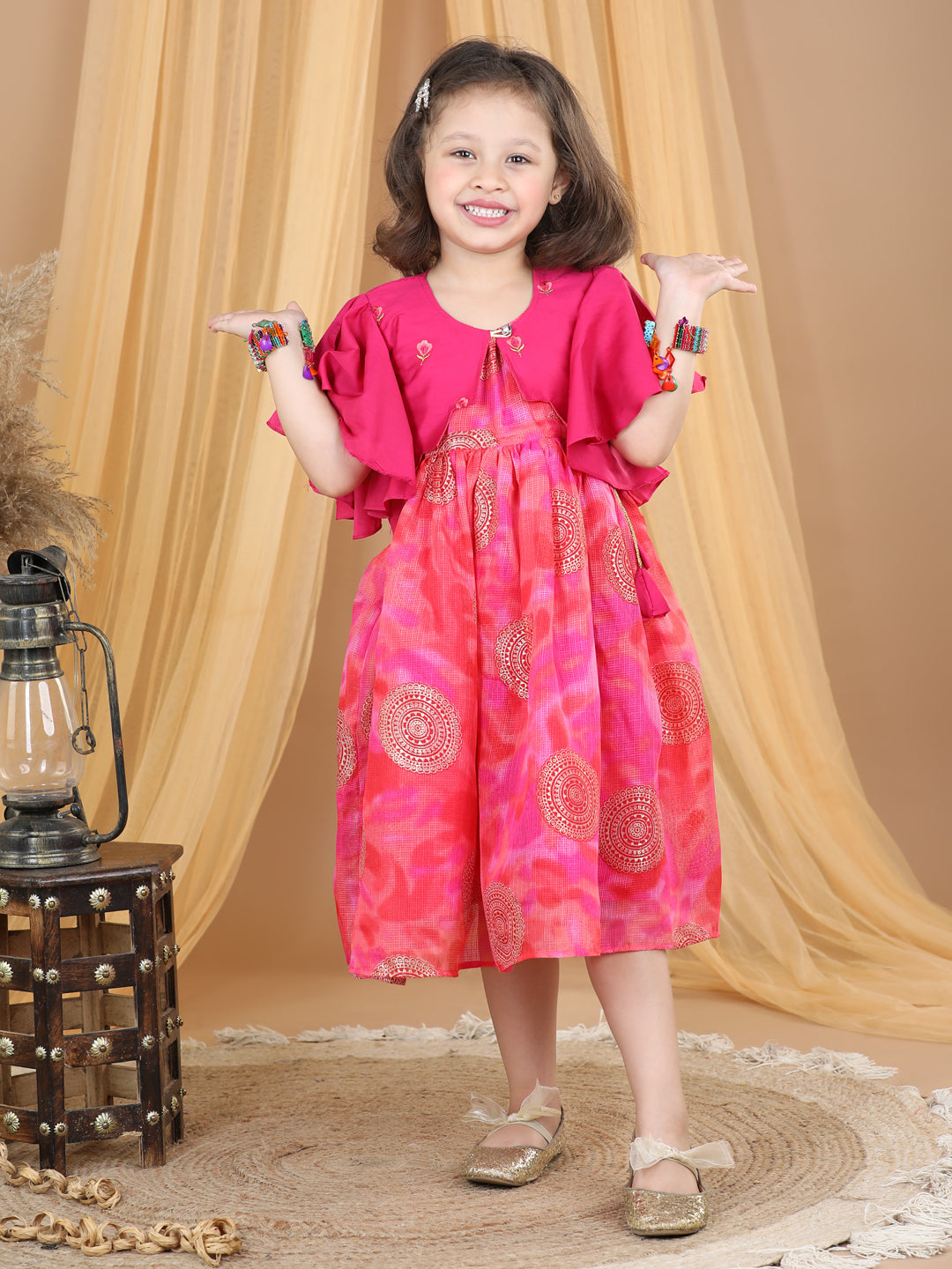 Pink Foil Printed dress with a embroidered jacket