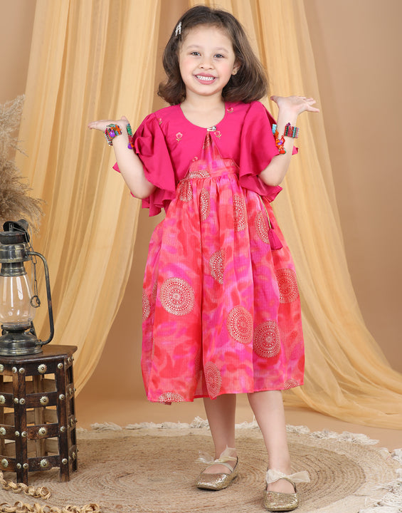 Pink Foil Printed dress with a embroidered jacket