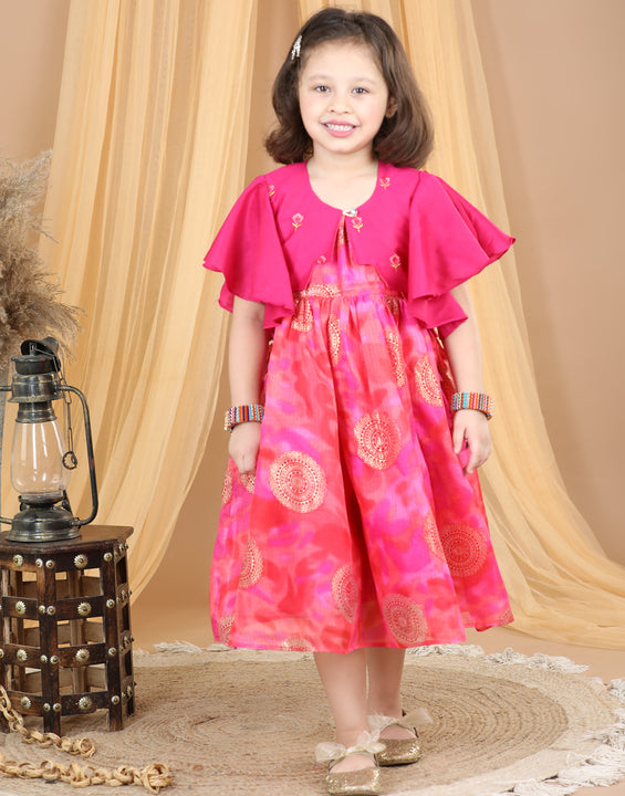 Pink Foil Printed dress with a embroidered jacket