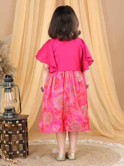 Pink Foil Printed Long dress adjustable at waist with a embroidered jacket