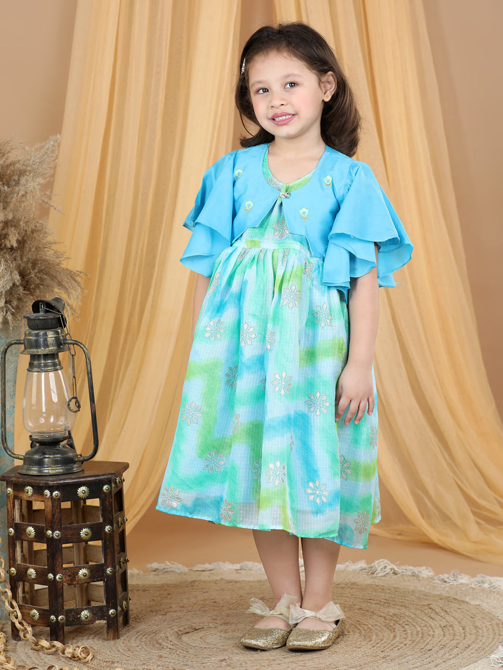 Blue Foil Printed dress with a embroidered jacket