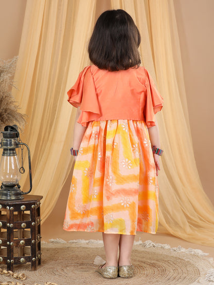 Yellow Foil Printed Long dress adjustable at waist with a embroidered jacket