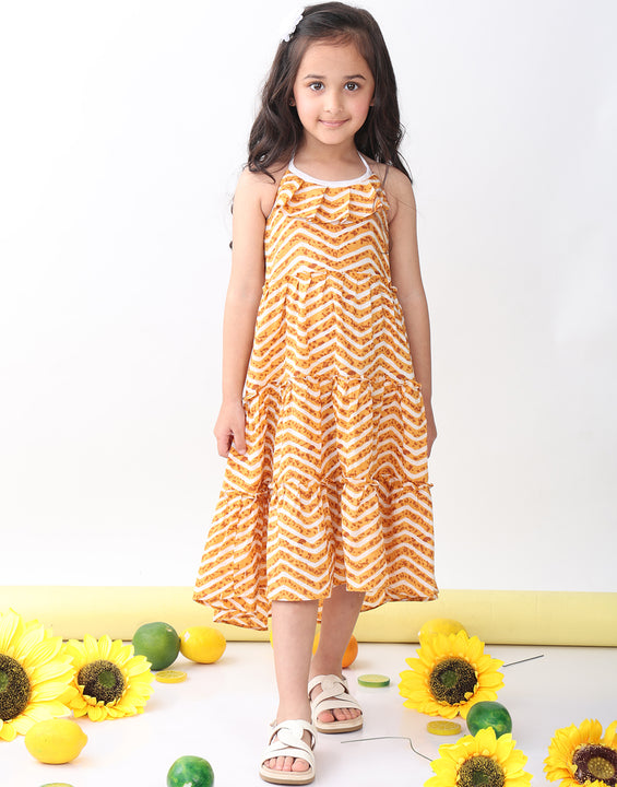 Brown Leheriya sleeveless Dress