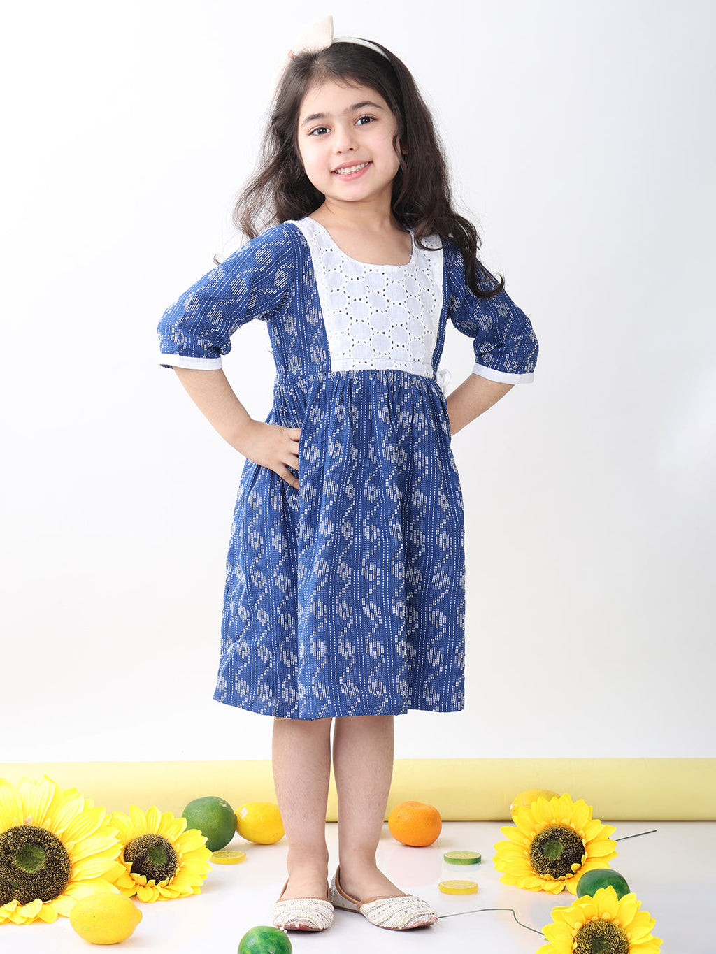 Blue Katha Half Sleeves dress with hakoba patchwork at neck