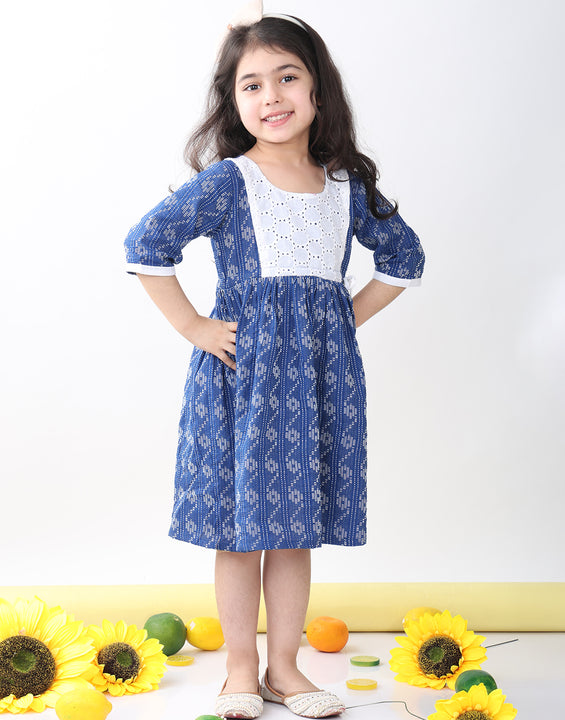 Blue Katha Half Sleeves dress with hakoba patchwork at neck
