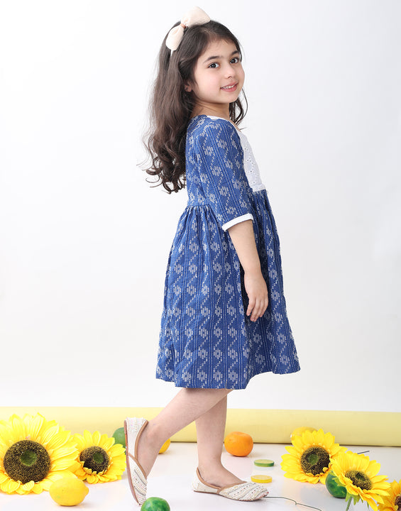 Blue Katha Half Sleeves dress with hakoba patchwork at neck