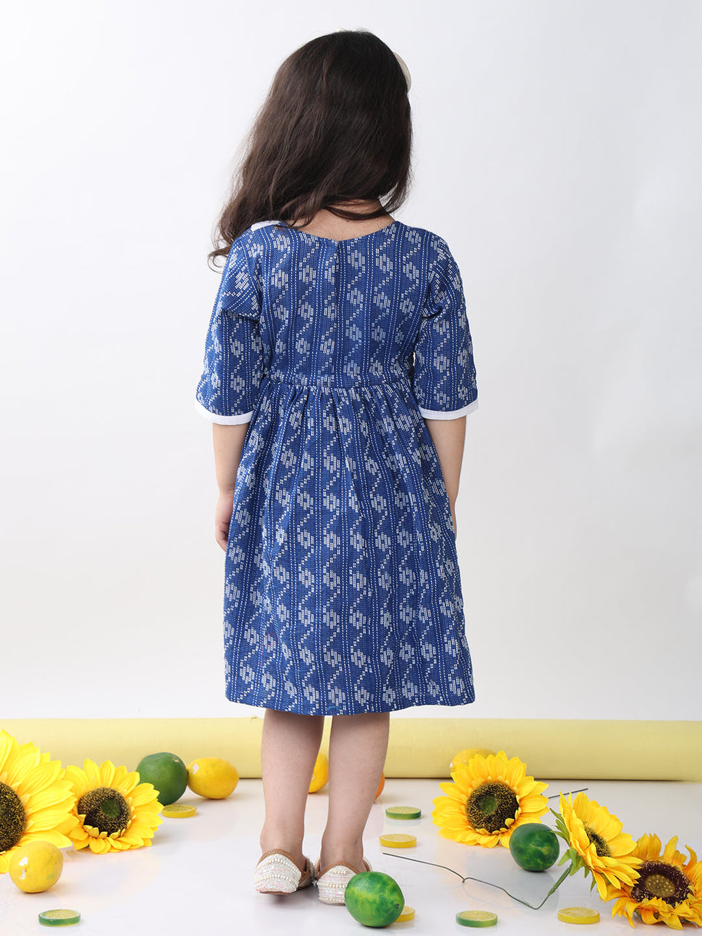 Blue Katha Half Sleeves dress with hakoba patchwork at neck