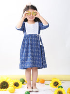 Blue Katha Half Sleeves dress with hakoba patchwork at neck