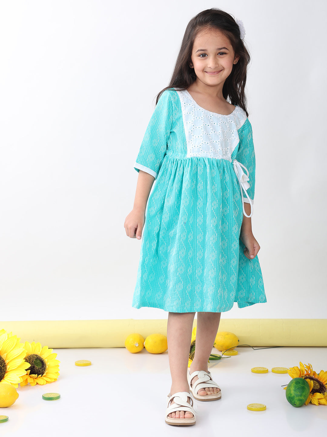 Green Katha Half Sleeves dress with hakoba patchwork at neck